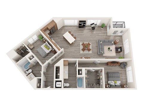 A top-down view of a modern two-story house interior.